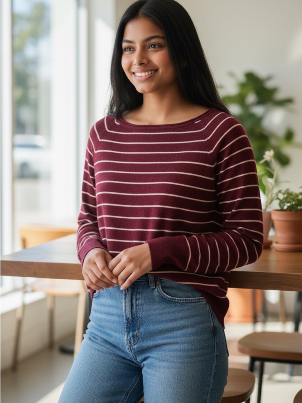 Pink Clover Burgundy & Cream Striped Crew Neck Sweater